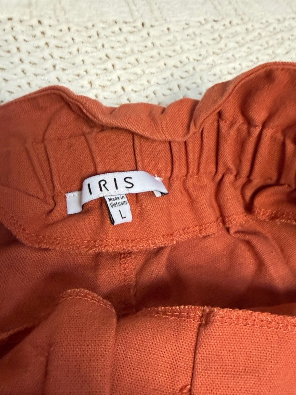 IRIS Burnt Orange Elastic Paperbag Waist Pants with Brown Faux Buttons Wide Leg - Picture 3 of 6